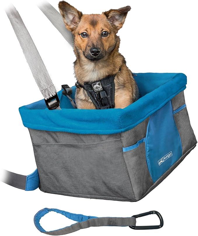 Kurgo Dog Booster Seat - Keeps Dogs Secure & Comfortable - Waterproof Exterior - Removable Washable Liner - Dog Car Seat with Harness Strap - Collapsible - Heather Style - Charcoal/Blue