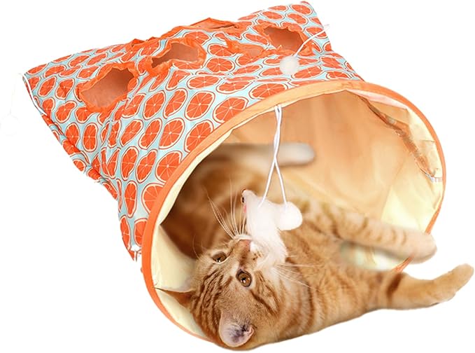 Cat Tunnel Bag for Indoor Cats, Crinkle Bag Toy Cat & Hamsters Play Tunnel Toy, Pet Collapsible Tunnels with 1 Little Mouse & Toy Ball Cats Drill Sleeping Bags (Orange)