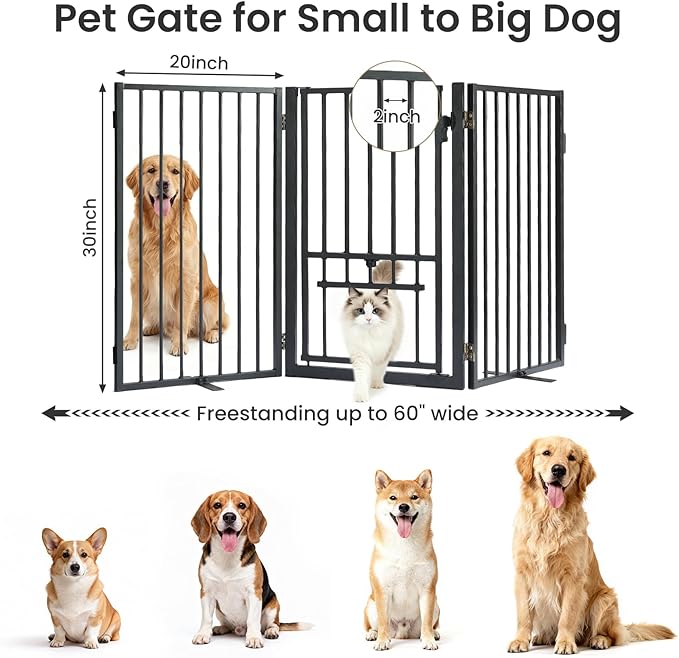 Metal Freestanding Dog Gate with Cat Door for Outdoor & Indoor,60" Extra Wide Foldable Pet Fence,30" Tall Free Standing Dog Gate for RV Camping,Stairs,Hallways,Doorways,Deck,Yard (3 Panels,Black)
