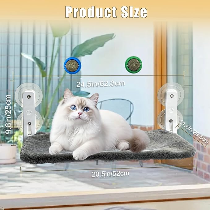 Cat Window Perch Hammock - Foldable Cordless with 4 Suction Cups for Indoor Cats, Space Saving Design,Reversible Cover with Two Different Kinds of Fabrics,40Lbs Load Capacity (52CM)