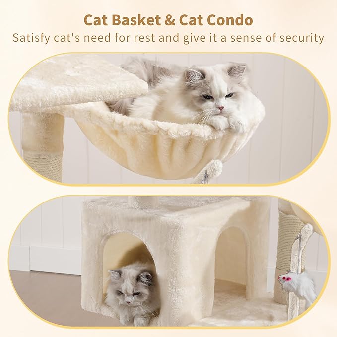 Heybly Cat Tree with Toy, Cat Tower condo for Indoor Cats, Cat House with Padded Plush Perch, Cozy Hammock and Sisal Scratching Posts, Beige HCT004SM