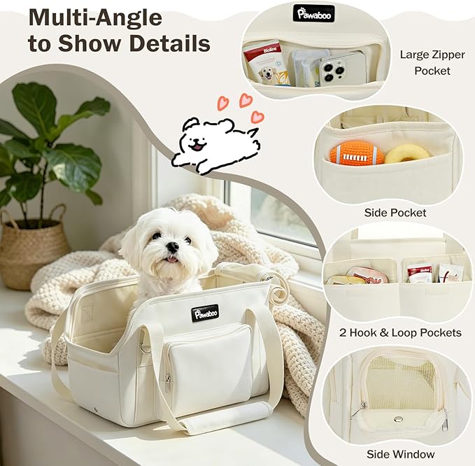 Pawaboo Dog Purse Carrier, Airline Approved Soft Sided Pet Carrier for Small Dogs Cats Rabbits with Large Pockets, Safety Leash, Soft Cushion, Breathable Dog Travel Carrying Tote Bag with Mesh Window