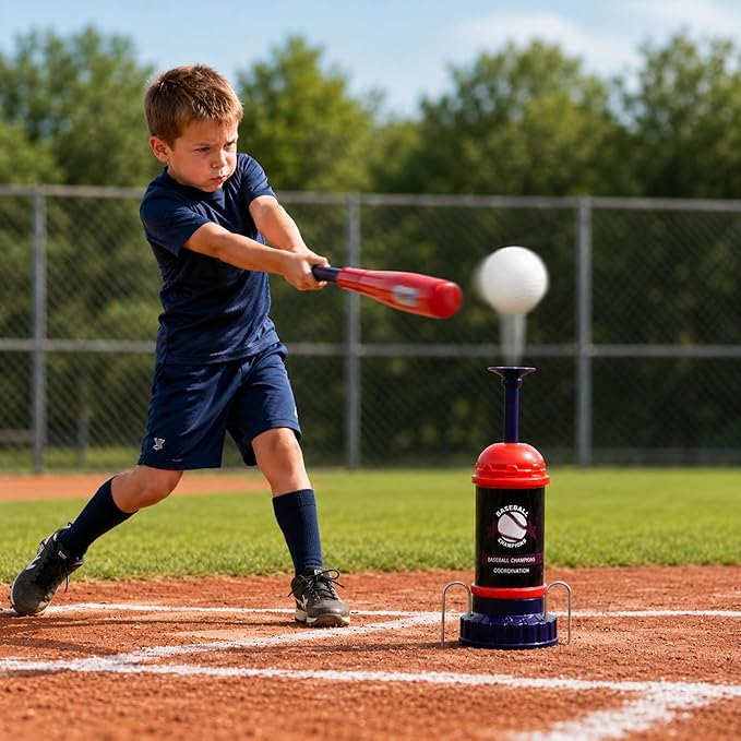 RedSwing Baseball Tee Popper – Pop-Up Baseball Trainer for Beginners, Self-Pitching Hitting Tee with Bat & 3 Balls, Portable Automatic Ball Launcher for Backyard Batting Practice