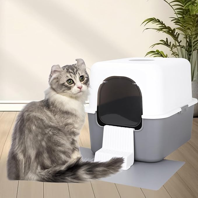 Sfozstra Grey Enclosed Cat Litter Box with Lid - Includes Sand Pedal & Carry Handle, Lift-Off Buckle Lock for Easy Cleaning, High Sides Anti-Leak, Odor Control with Deodorizer, for Cats Under 8 lbs