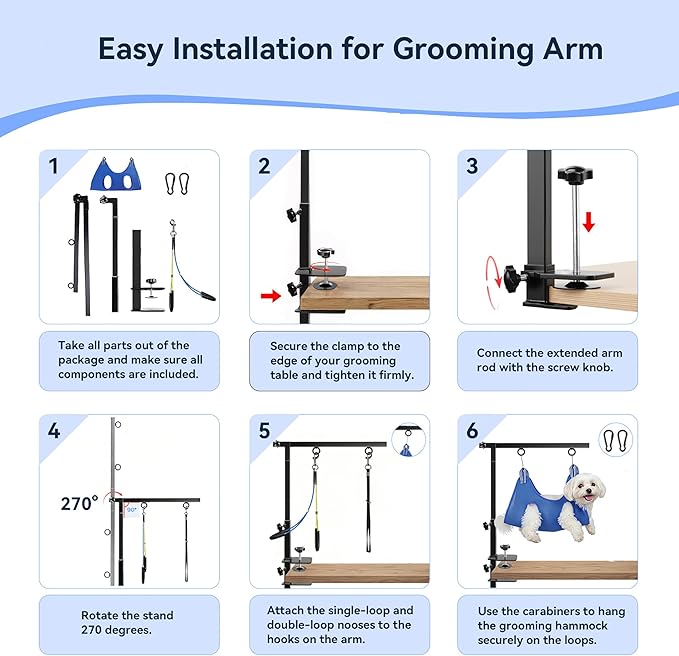 Dog Grooming Arm with Pet Grooming Hammock, 27”-42” Adjustable Grooming Stand with No Sit Haunch Holders and Loop Noose, Grooming Restraint for Small and Medium at Home or Salon