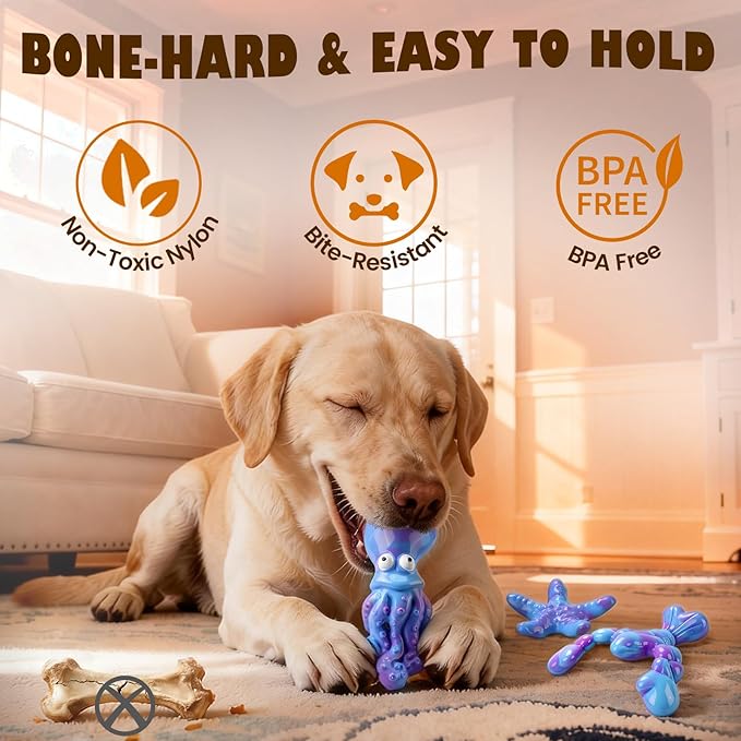 3 Pack Indestructible Dog Chew Toys for Aggressive Chewers: Ultra-Dense Nylon, Bacon Flavor Chew Bones, Heavy Duty Tough Toys for Large Dogs 20-90 lbs, Long Lasting & Keep Them Busy (XL Ocean)