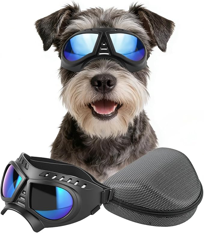 Dog Goggles for Small to Medium Breeds, Small Dog Sunglasses UV Protection Windproof Snowproof, Outdoor Driving/Riding/Hiking Pet Eyes Protection, Soft Frame Adjustable Straps, Blue Lens