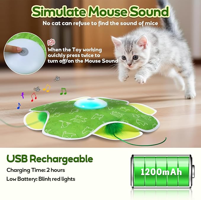 Saolife Interactive Cat Toys with Moving Feather Concealed in Mat, Rechargeable Cat Exercise Toys for Bored Cats with Motion Activated, Mouse Squeaky (Green)