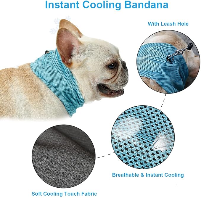 Dog Cooling Bandana Collar, Ice Instant Cooling Pet Bandana Scarf Collar for Small Medium Dogs, Breathable Ice Towels Bulldog Cats Ice Collar Summer Cooling Towel Neck Wrap with Leash Hole Blue