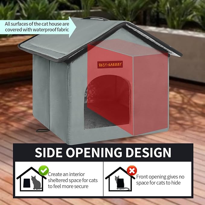 Rest-Eazzzy Cat House for Outdoor Cats, Weatherproof and Insulated Feral Cat House with Mat and Clip, Easy to Put Together, Selfwarming Cat Shelter for Summer, Never Blow Away (Grey, House X 2)