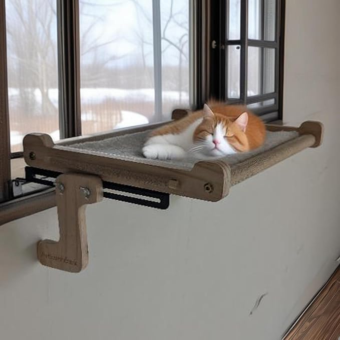 No Suction Cup Cat Window Perch, Adjustable 40lbs Heavy Duty Cat Hammock, Sturdy No-Drill Window Seat for Large Cats, Wood & Metal Frame Bed for Sills with Tracks