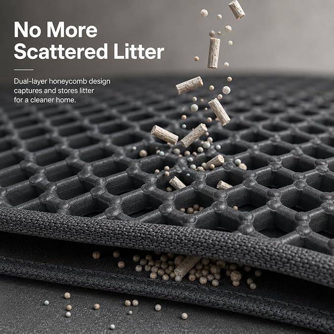 Cat Litter Box Mat Double Layer Trapping Mat Easy-Clean Waterproof Urine Proof(Black 30x22in)