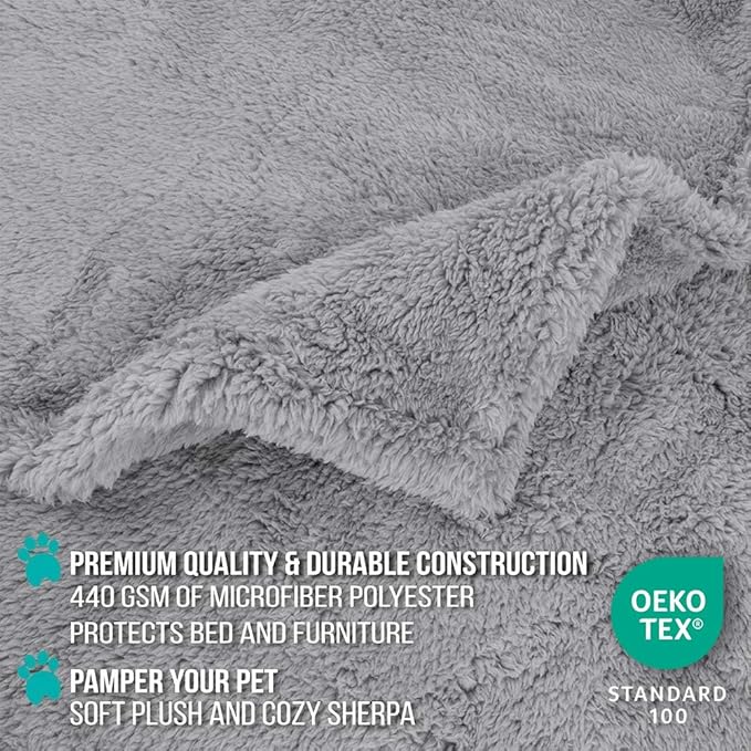 PetAmi Fluffy Waterproof Dog Blanket for Couch and Bed, Reversible Sherpa Pet Throw, Pee Proof Furniture Protector Sofa Cover, Washable Cat Blanket for Medium Large Dogs and Cats (Light Grey, 60x80)