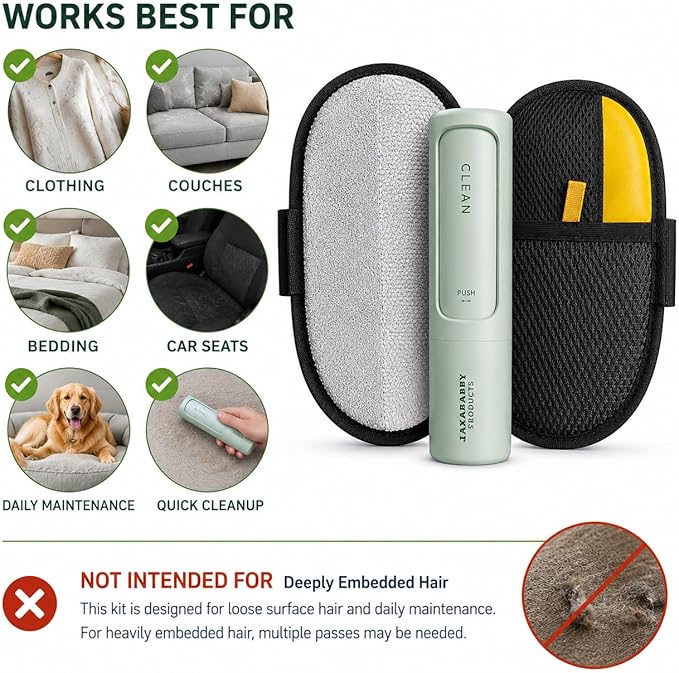 Jaxabby Products Reusable Pet Hair Cleanup Kit – 3-Piece Fabric Hair Remover Set for Clothes, Furniture & Car Interiors – Washable Reusable Lint Roller Alternative (Pastel Blue)