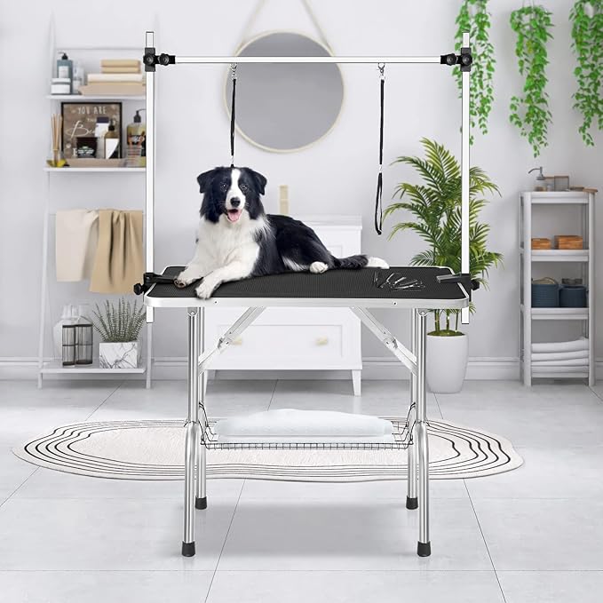 46 Inch Professional Adjustable Pet Grooming Table Heavy Duty with Arm Noose & Mesh Tray for Dog Cat Shower Table Maximum Capacity Up to 265Lb, Black