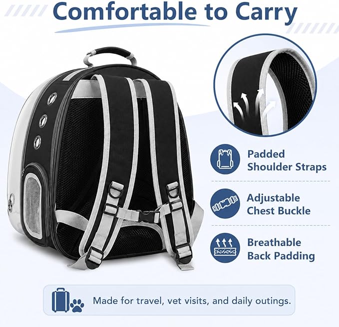 Expandable Cat Carrier Backpack for Cats and Dogs, Bubble Window Pet Travel Backpack with Breathable Mesh, Anti-Collapse Structure, Side Door, Safety Leash, for Vet Visits, Hiking, Outdoor, Black
