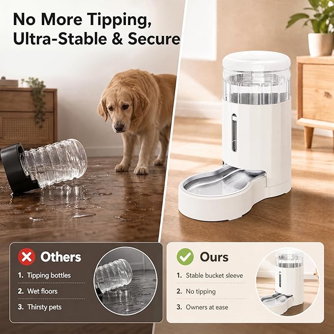 CZPET Dog Water Bowl Dispenser 7L, Wider Mouth & Upgraded Brush for Easy Cleaning Automatic Cat Gravity Refilling Waterer with Removable Stainless Steel Bowl, Large Drinking Area for Multi-Pet (White)