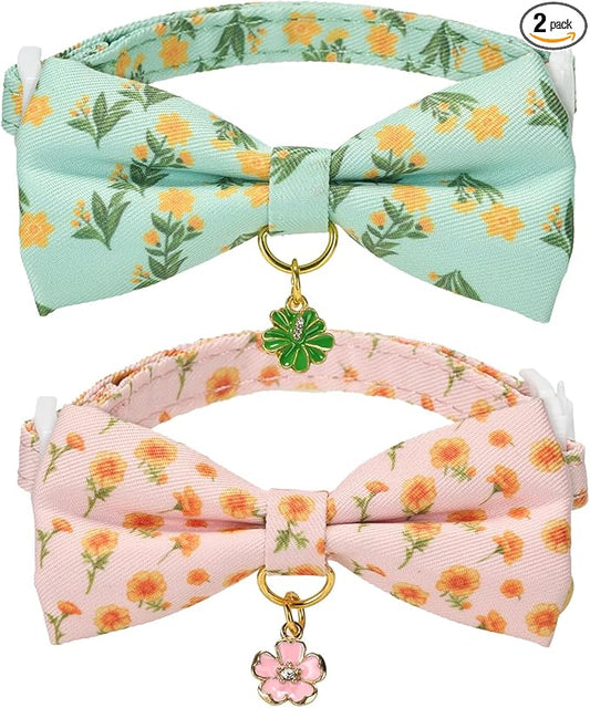2 Pack Floral Cat Collars with Bow Tie and Bell Adjustable Breakaway Bowtie Cute Kitten Collar(Green & Yellow Flowers)