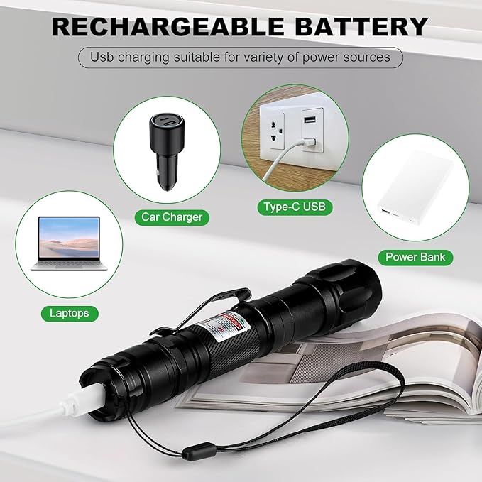 Long Range Green Laser Pointer, Laser Pointer High Power, Green Lazer Pointer Rechargeable for Hiking, Cat Laser Toy USB Charge