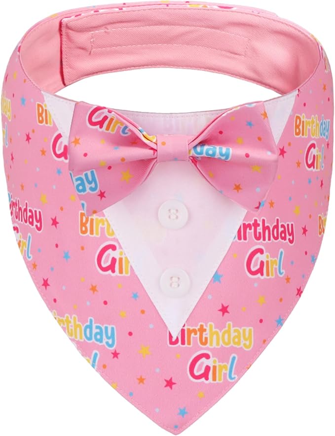 ADOGGYGO Birthday Girl Dog Tuxedo Bandana, Pink Collar with Bow Tie, Adjustable Formal Birthday Costume for Large Dogs (L)