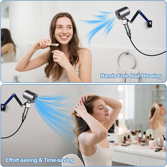 Hands Free Hair Dryer Holder Wall Mounted - Adjustable Angle Blow Dryer Holder Equipped with Universal Holder Allowing You to Dry Hair Hand Freely