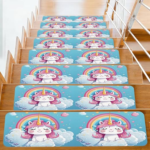 Animal Cartoon Unicorn Cute Stair Treads for Wooden Steps Indoor Washable Staircase Carpet 15PCS 30"x7.8" Stair Step Treads Non-Slip Staircase Covers Peel and Stick Safety Mat for Kids Elders Pets