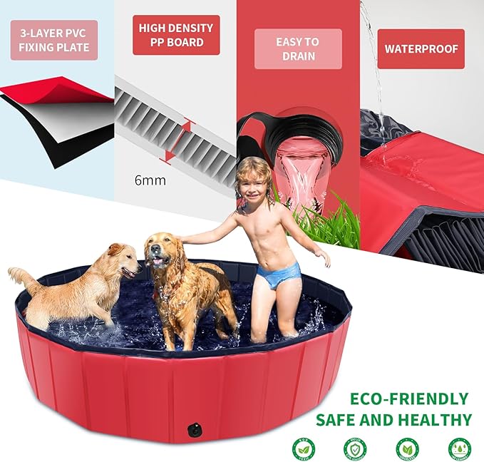 CACSPS Foldable Dog Pool, 63" x 12" Kiddie Pool with Hard Plastic, Non-Slip Dog Bath Tub for Outdoor Backyard, Collapsible Dog Swimming Pool for Kids Dogs Pets (Red)