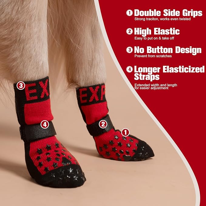 EXPAWLORER Anti Slip Dog Socks to Prevent Licking Paws - Dog Shoes for Hot Pavement, Dog Booties for Hardwood Floors, Dog Boots & Paw Protectors with Grippers for Small Medium Large Senior Dogs