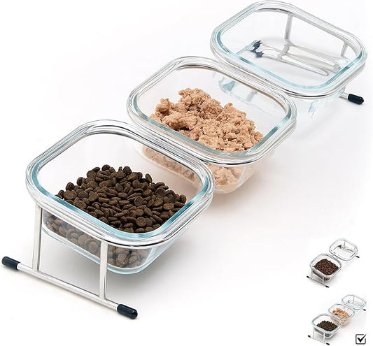 Hannadepot Elevated Cat Bowls, 15° Tilted Glass Raised Cat Food Bowl with Stainless Steel Stand, 3 Glass Cat Bowls and 4 Anti Slip Feet, Suitable for Cats and Little Dogs