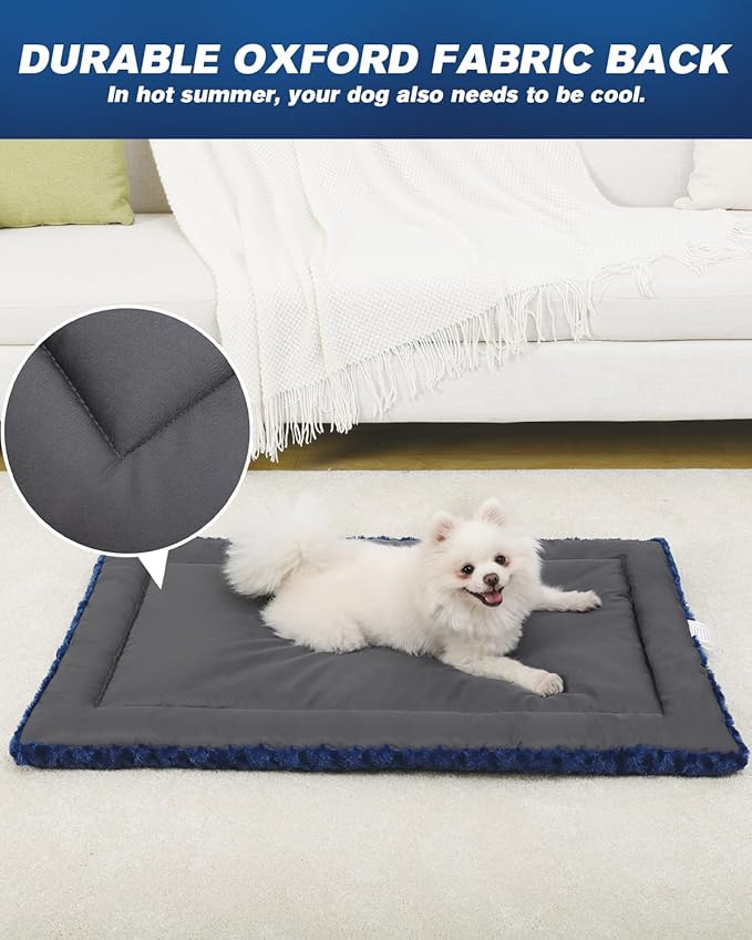Washable Dog Bed Reversible Dog Beds for Crate Soft Fluffy Kennel Pad Anti-Slip Pet Sleeping Mat for Large Jumbo Medium Small Dogs (Blue, 36.00" x 23.00" x 1.50")
