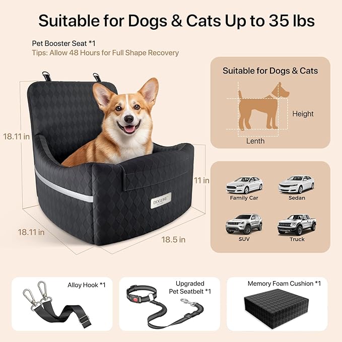 Doglike Dog Car Seat for Small Dogs [2026 Ultimate Comfort & Safety], 5" Memory Foam Pet Booster Seats Up to 35 lbs with Detachable Washable Cover, Travel-Safe Car Bed with Puppy Safety Belt, Black