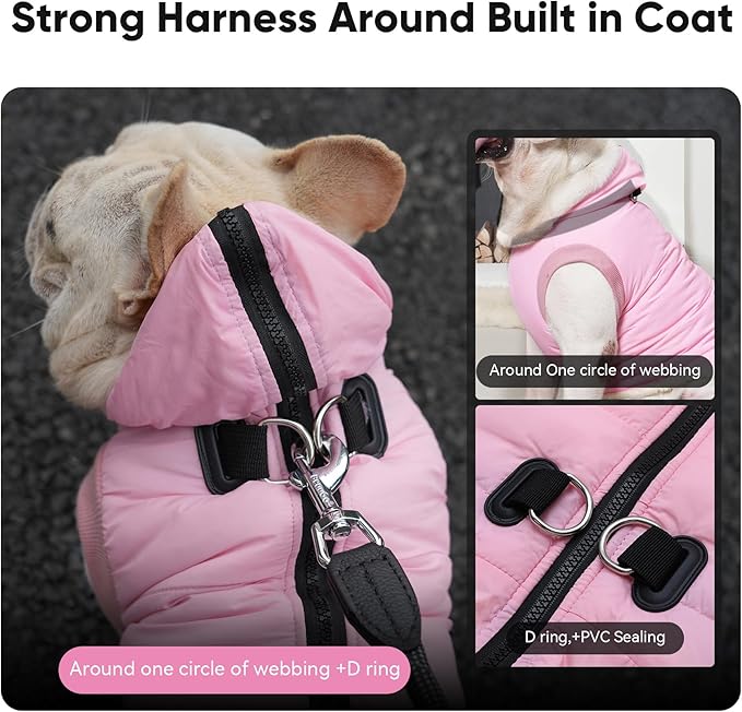 Vecomfy Fleece Lining Dog Hoodie with Harness Built in,Extra Warm Small Dog Jacket in Winter Puppy Coats with Hooded,Light Pink XS