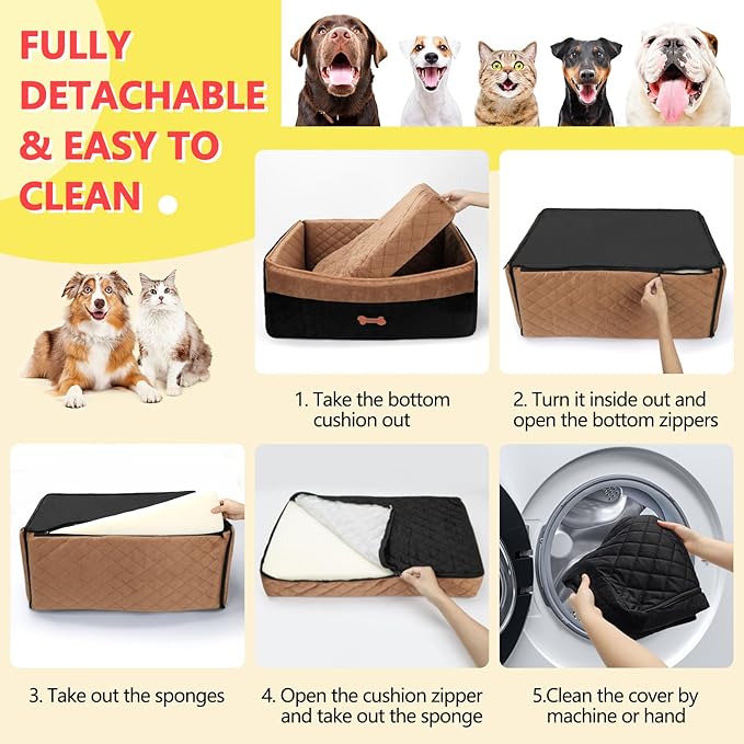 Dog Car Seat for Medium Large Dogs, Detachable Washable Pet Booster Seat with Memory Foam Cushion, Side Pockets, 2 Clip-On Safety Leashes Pet Car Seat for Dog Up to 60 lbs/2 Small Dogs-Brown