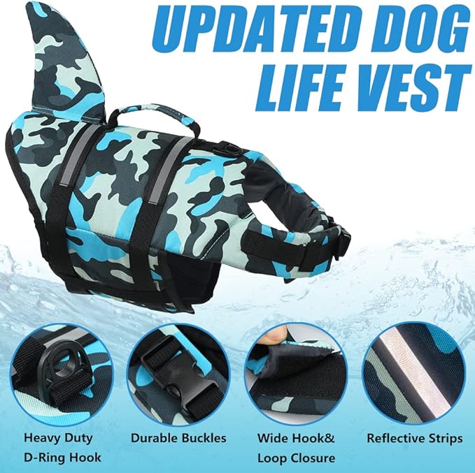 EMUST Dog Life Jacket, Ripstop Dog Lifesaver Vests with Rescue Handle for Small Medium and Large Dogs, Pet Safety Swimsuit Preserver for Swimming Pool Beach Boating (XS,Blue Camouflage)