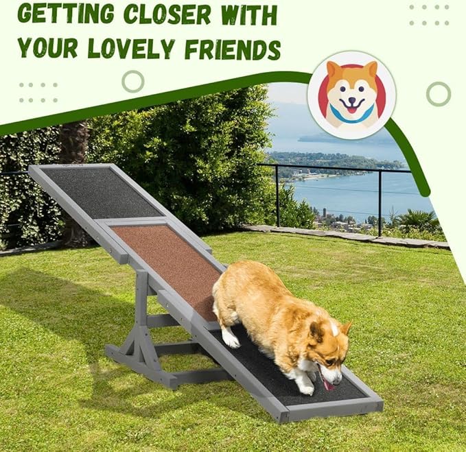 71" Wooden Dog Agility Seesaw for Training and Exercise - Outdoor Dogs Seesaw for Advanced Dog Obstacle Courses, Dogs Agility Ramp Training Platform Equipment (Gray)