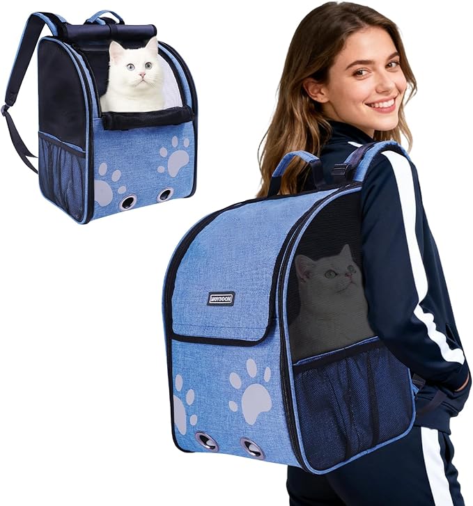 Cat Backpack Carrier, Ventilated Cat Backpack with Reflective Strips, Foldable Cat Carrying Backpack for Kitty Small Dog up to 15lbs (Blue)