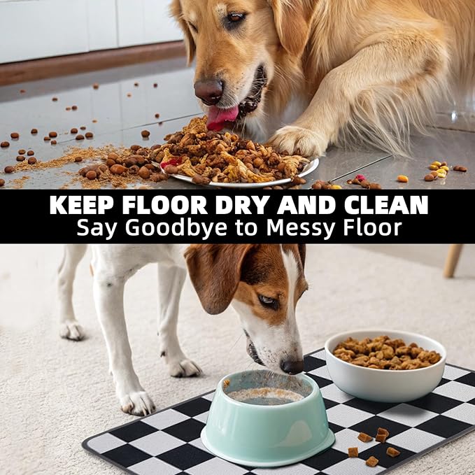PUPTECK Dog Food Mat, Absorbent Pet Cat Feeding Mat for Food and Water Bowls, Anti-Slip Dog Placemat for Floors Waterproof, Pet Supplies Accessories, Black & White Checkered M