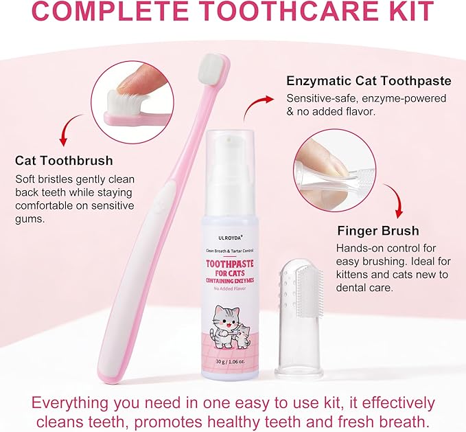 Dental Care Kit – Cat Toothbrush and Toothpaste – Enzymatic & No Added Flavor – Fights Plaque, Tartar & Bad Breath – Soft-Bristled Toothbrush & Finger Brush – For Sensitive Cats & Kittens, 1.06 oz