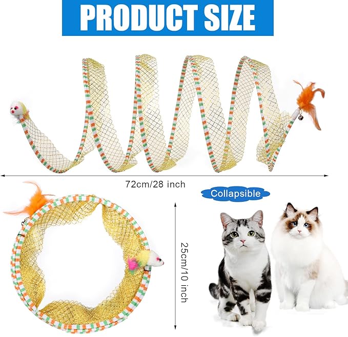 2pcs, Folded Cat Tunnel Spring, 10in Large Size Portable Cat Toy Spiral Tunnel, with Synthetic Feather and Toy Mouse Tunnel Spring Outdoor Puppy Kitten Generic (Striped Yellow, Purple)