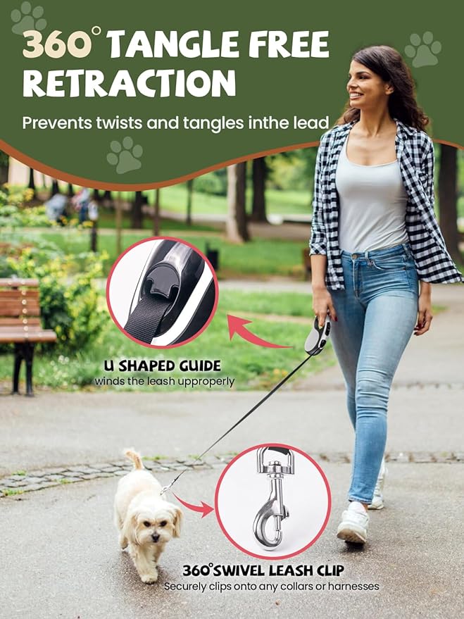 Retractable Dog Leash with Led Light, Douexio 16ft Heavy Duty Dog Leash Retractable for Medium Large Dogs Up to 110lbs,360° Tangle-Free, One-Button Control, High Strength Hook (White, 66-110lbs)