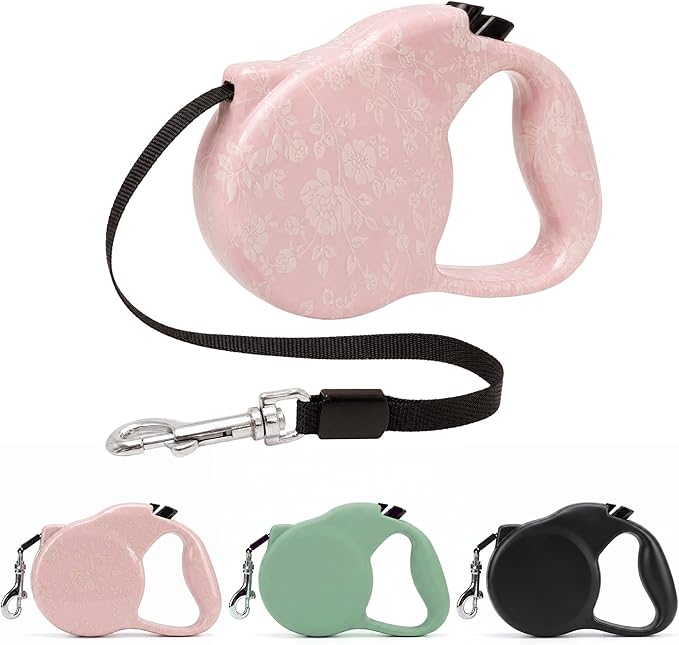Pink Retractable Dog Leash with Print for Small Dogs & Puppies – Cute Pet Leash for Little Puppy, Cat, and Medium Sized Dog, Ideal for Girls Walking (Pink Print-Small)