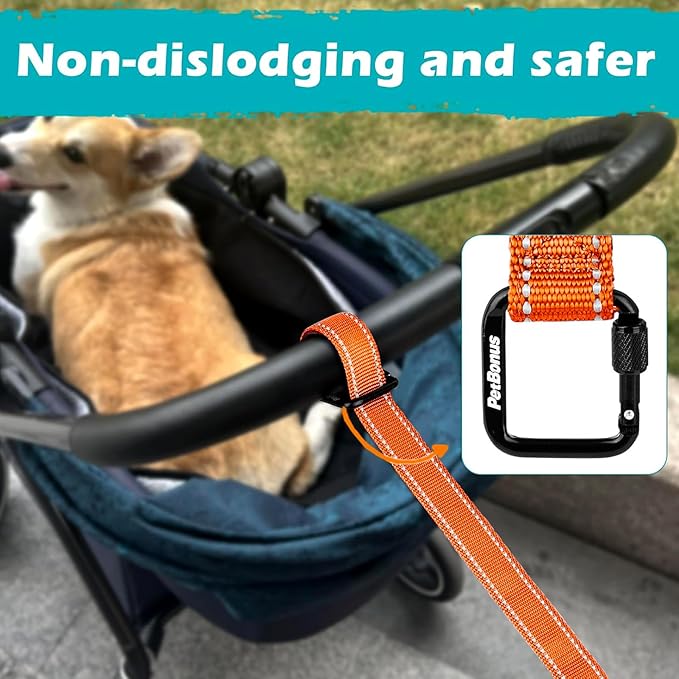 PetBonus Dog Leash Wrist Strap, Safety Strap for Retractable Leash, Lockable Reflective Short Dog Walking Lead with Adjustable Soft Padded Handle, Extra Layer Security for Pet Stroller (Orange)