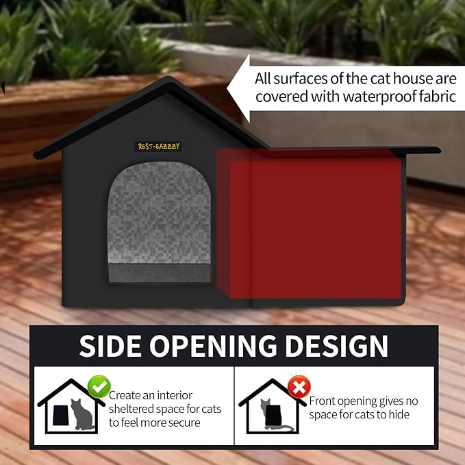 Rest-Eazzzy Cat House for Outdoor Cats, Weatherproof and Insulated Feral Cat House with Mat and Clip, Easy to Put Together, Selfwarming Cat Shelter for Summer (Black, Waterproof House-L)