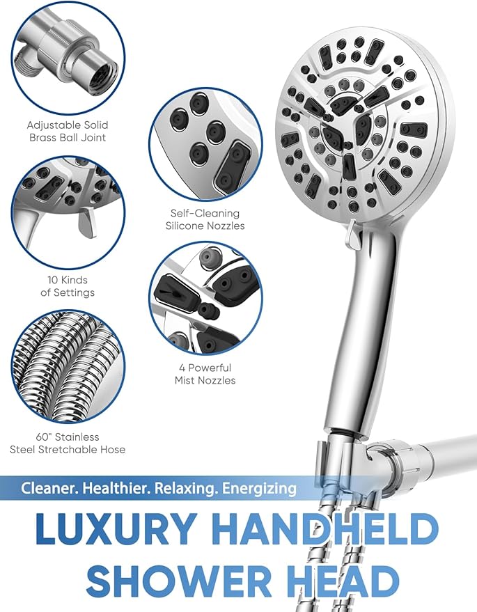 Pavezo® High Pressure Shower Head Handheld 5" Large, Extra Long 60" SS Hose 10-mode Portable Detachable Shower Head with Hard Water Filter, Anti-clog & Powerful to Clean Tile & Pets, Chrome