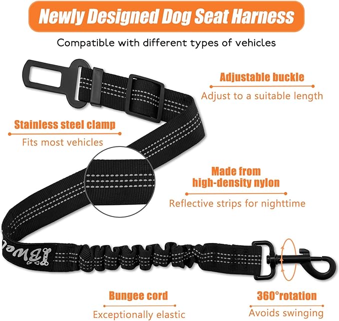 IBWell Dog Seat Belt,3 Piece Set Retractable Dog Car Harness Adjustable Dog Seat Belt for Vehicle Nylon Pet Safety Seat Belts Heavy Duty & Elastic (Black)