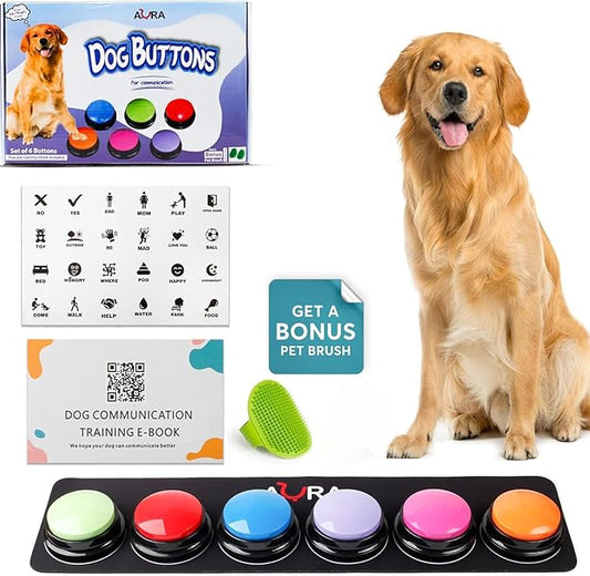 A-URA Dog Talking Buttons for Communication – 6 Recordable Dog Buttons with Anti-Slip Mat, Word Stickers, Training Guide & Video | Dog Communication Buttons for Potty Training, Daily Needs & Behavior