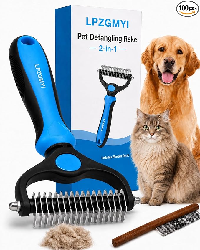 Pro Pet Grooming Tool, Undercoat Rake for Dogs Deshedding Brush Double Sided Cat Brushes Long Hair Dematting Comb Professional Extra-Wide Stainless Steel Teeth Supplies for Matted Fur on Cats (Blue)