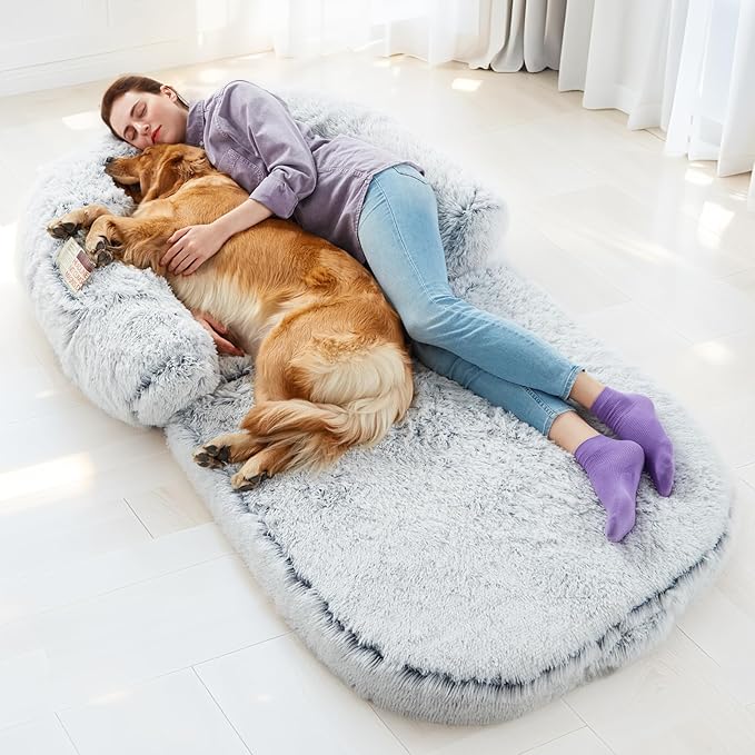 Foldable Human Dog Bed for Adults, Human Sized Dog Bed with Orthopedic Foam, Fluffy Faux Fur Pet Couch with Waterproof Liner, Non-Slip Bottom, Washable Cover, Cozy Floor Lounger - Grey