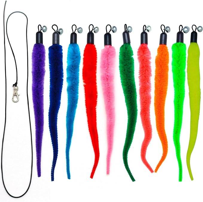 miwoowim 11 PCS Cat Wand Toy Refills - 10 Fuzzy Worm Attachments with Bells & 1 Replacement String with Clasp, Interactive Teaser Toys for Indoor Cats(10 Worms Refill)