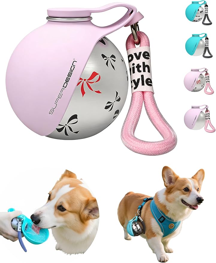 Portable Dog Water Bottle for Small Dogs: 285ml 2-in-1 Insulated Compact Leak-Proof Stainless Steel Round Water Dispenser with Collapsible Bowl for Daily Walks, Short Hikes & Travel